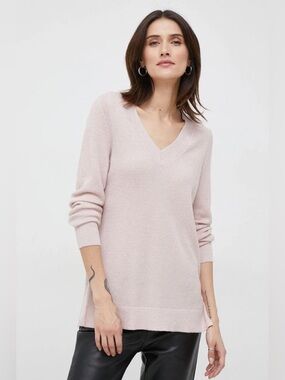 Gap Pale Pink Textured V-Neck Tunic Sweater – Soft Waffle Knit